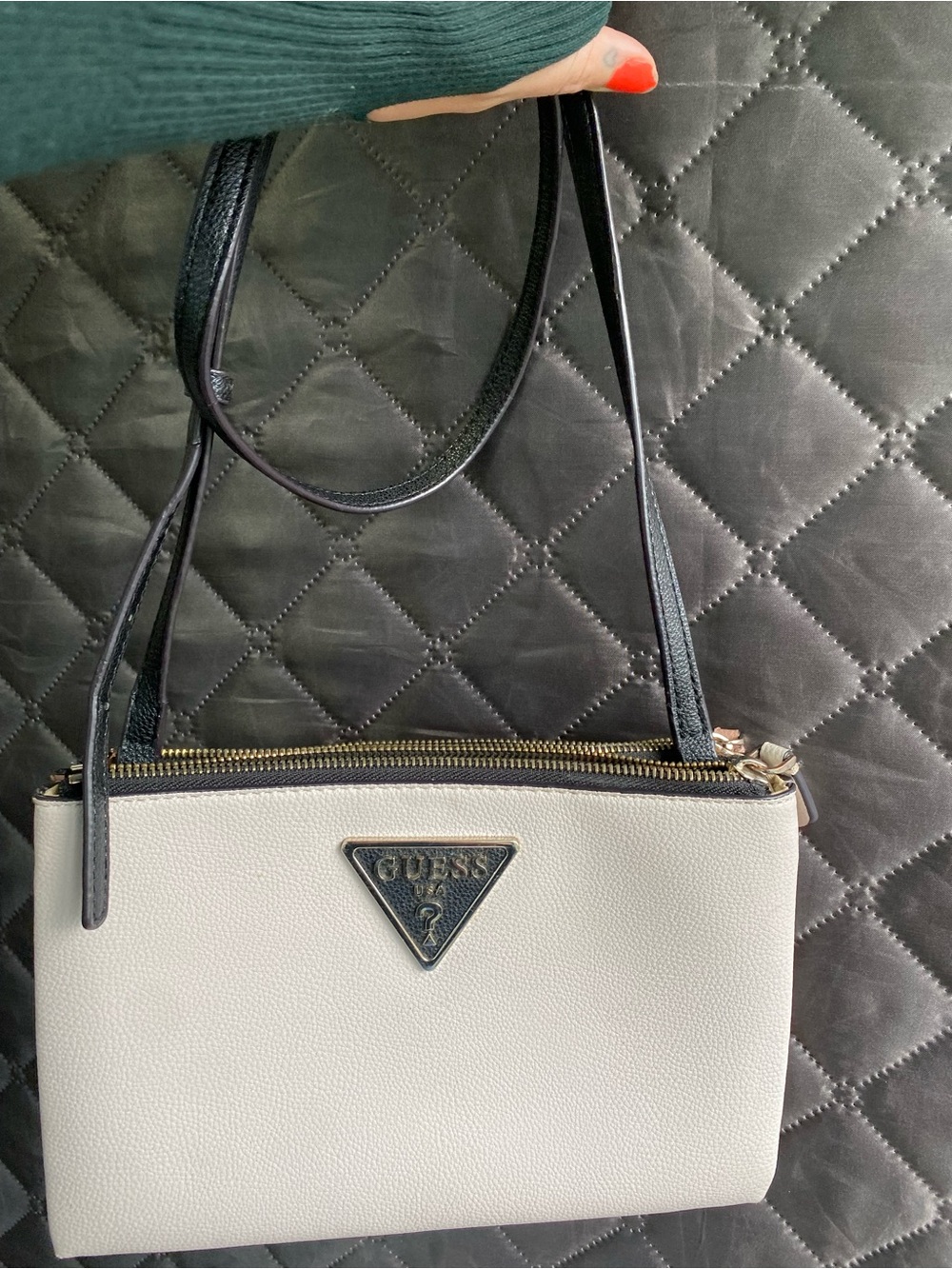 GUESS Becca Double Zip Crossbody Bag – White, Grey, & Black Colorblock